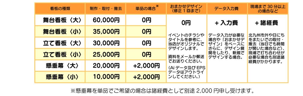 北九州|福岡 上野看板店 イベント看板 価格表 2022.10価格改正